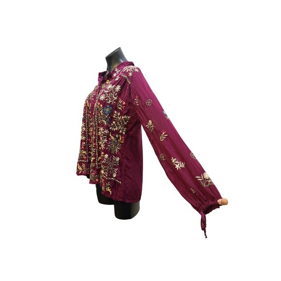 Johnny Was Burgundy Floral Embroidered Button-Up Blouse Size S - Picture 5 of 8